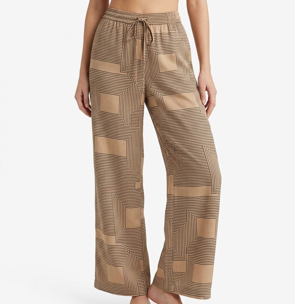Rafaella silk feel tan Geometric Line Print Elastic Drawstring Wide-Leg Pants L